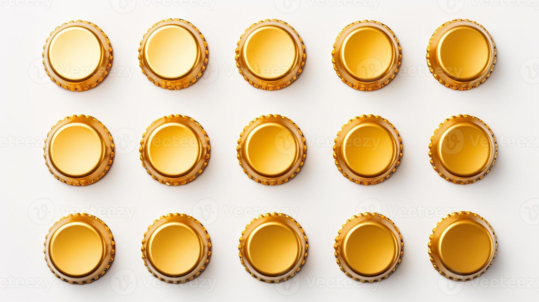 ai gerado linhas do dourado garrafa cápsulas em uma branco superfície. topo visualizar. conceito do bebida embalagem, reciclável material, organizado padrão, construir cerveja, álcool variedade, colecionar foto