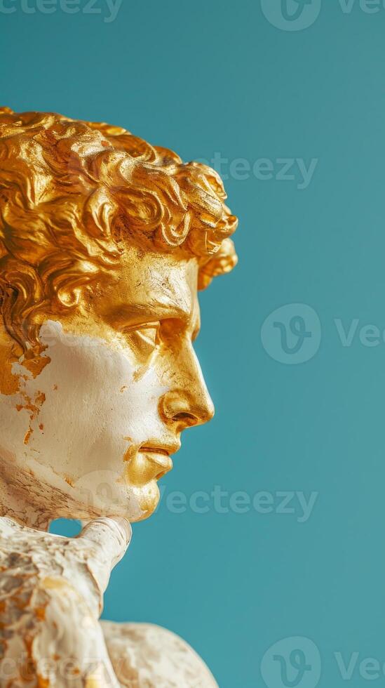 ai gerado ouro escultura do masculino cabeça em uma sólido azul fundo. conceito do clássico escultura, luxo decoração, antiguidade arte, dourado estátua, arte, elegância, renascimento. vertical formato foto