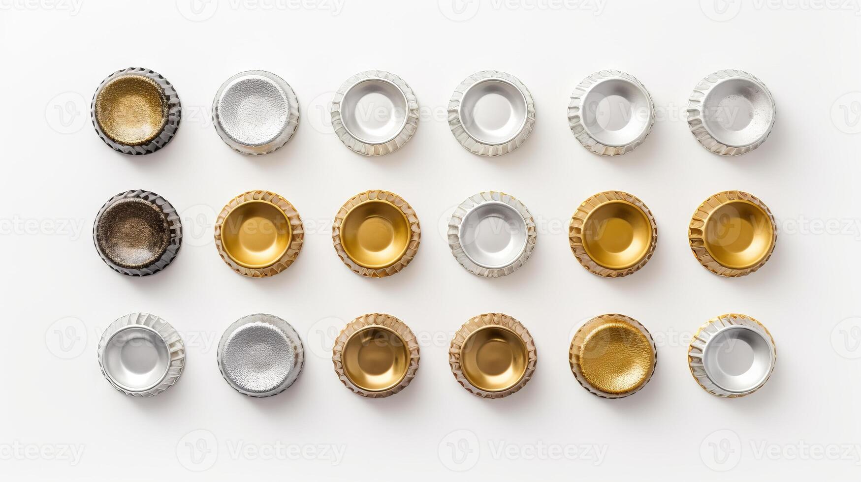 ai gerado linhas do dourado e prata garrafa cápsulas em branco superfície. topo visualizar. conceito do bebida embalagem, reciclável material, organizado padrão, construir cerveja, álcool variedade, colecionar foto