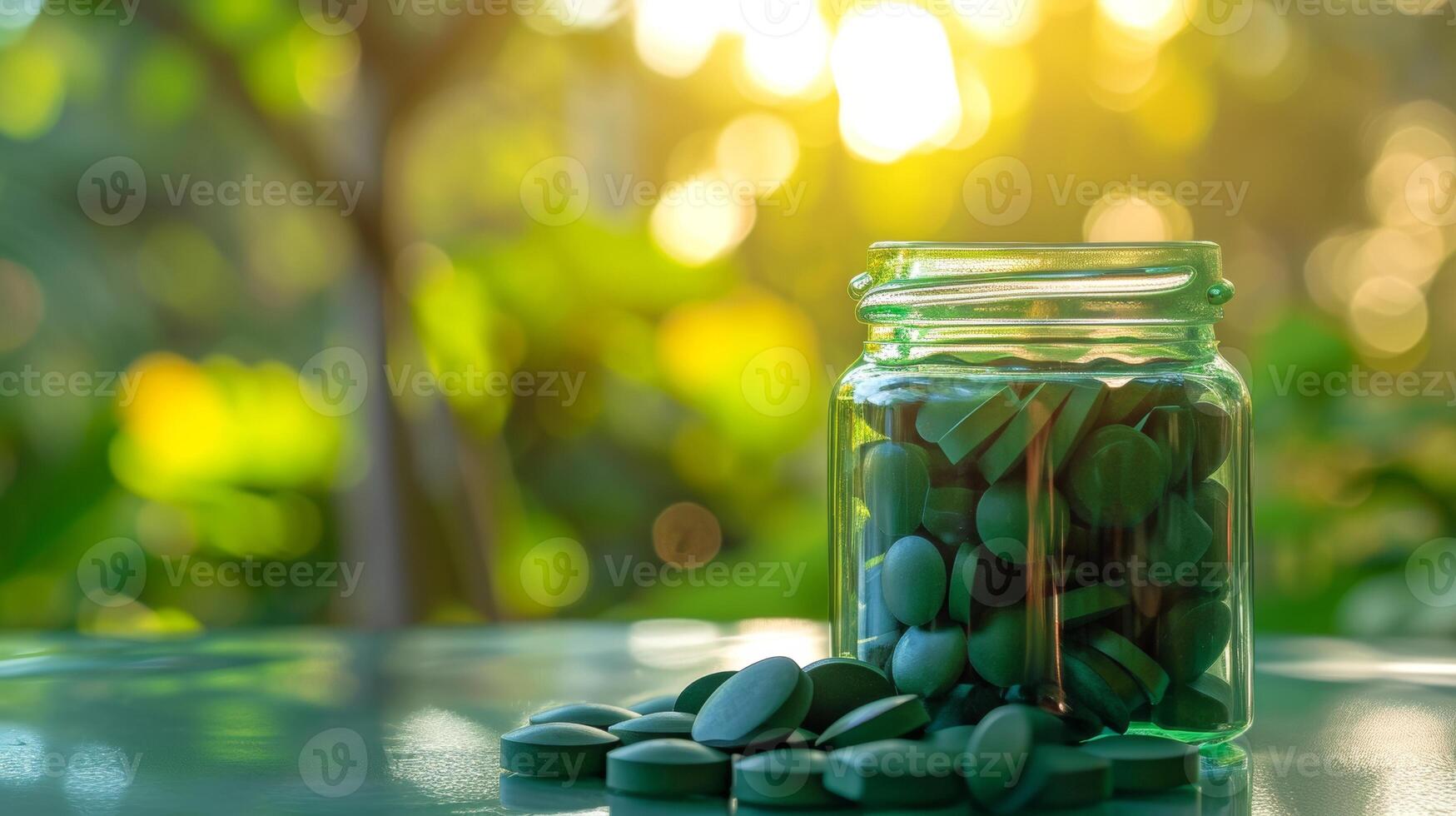 ai gerado transparente vidro jarra preenchidas com espirulina ou chlorella verde comprimidos em borrado bokeh fundo do verde plantas e luz solar. cópia de espaço. conceitos do saúde, orgânico superalimento foto