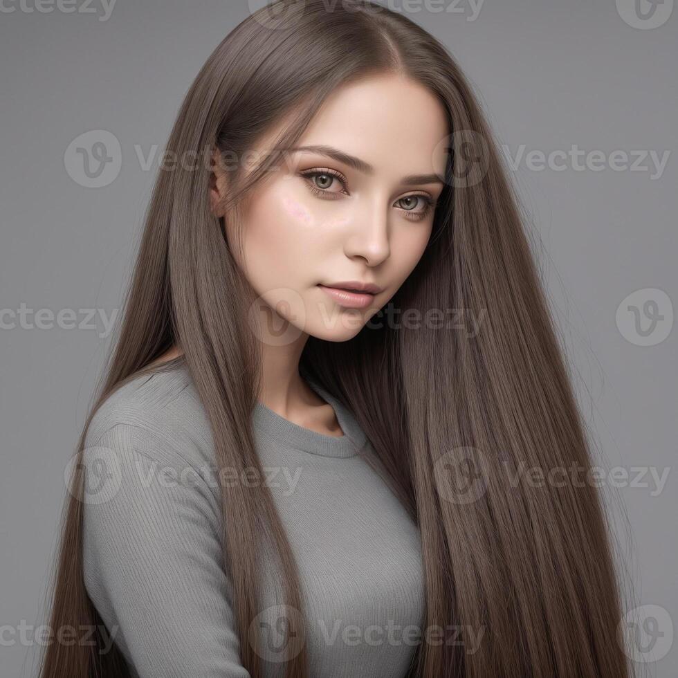 ai gerado retrato do uma lindo branco bonita mulher com grandes em linha reta cabelo foto