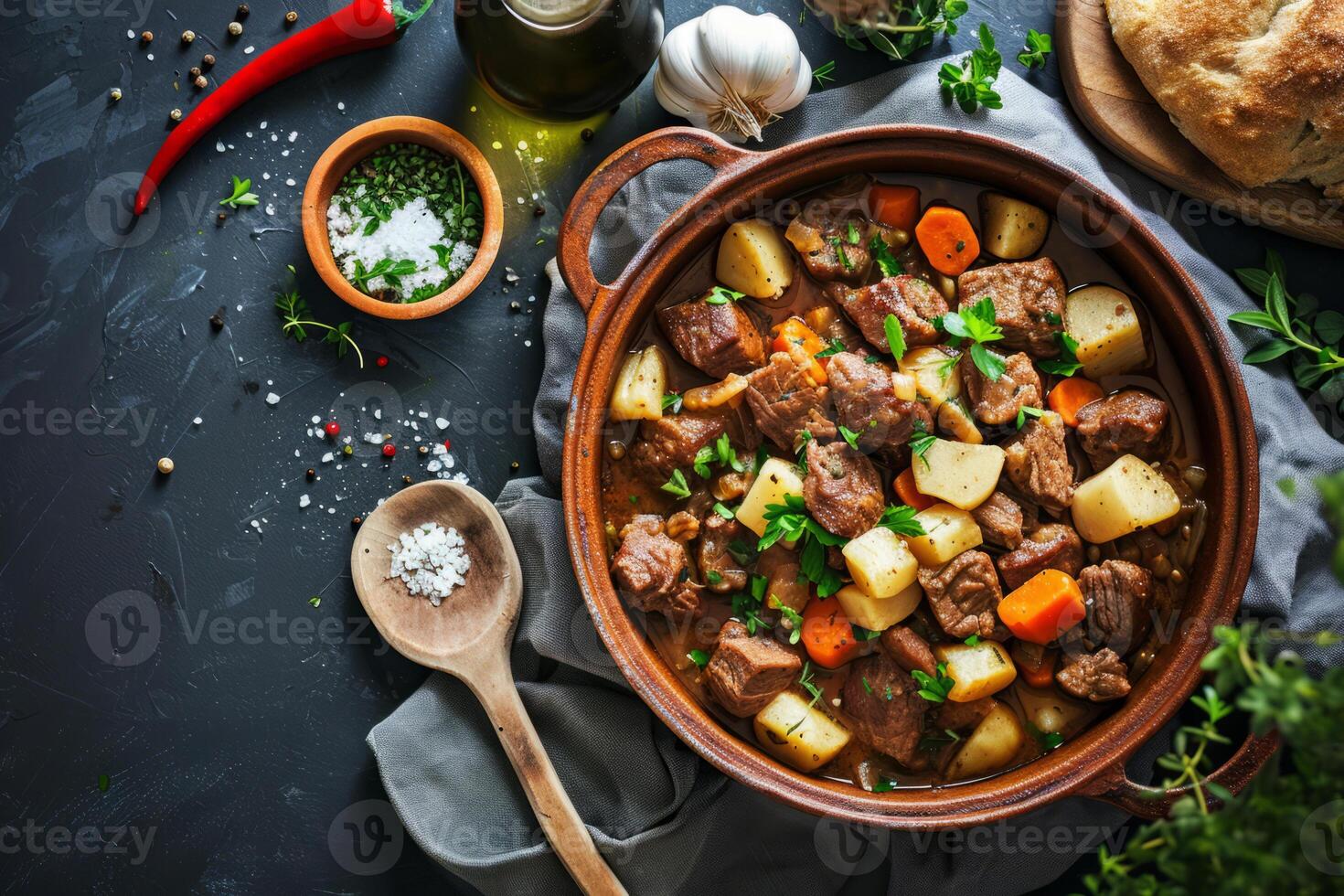 ai gerado carne carne e legumes ensopado dentro cerâmico tigela. generativo ai foto