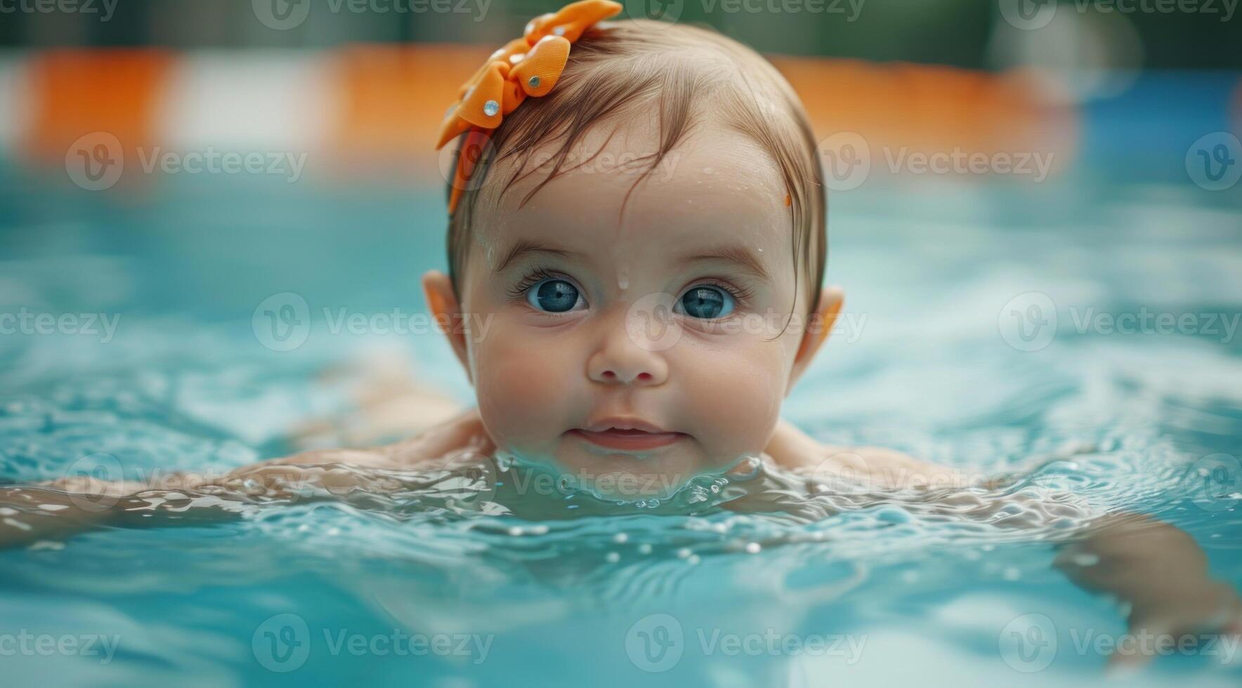 ai gerado alegre bebê menina dentro uma natação piscina, crianças e água cenário foto