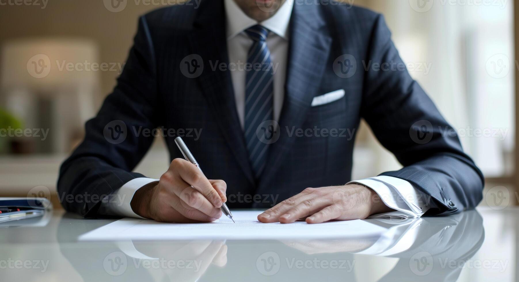 ai gerado uma homem de negocios com confiança assinatura uma documento, corporativo papel relatórios cenário foto