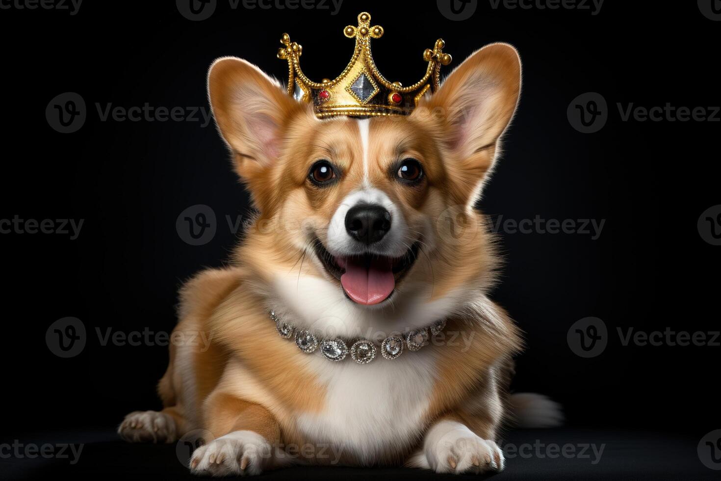 ai gerado retrato do uma fofa corgi cachorro vestindo uma dourado real coroa em Preto fundo foto