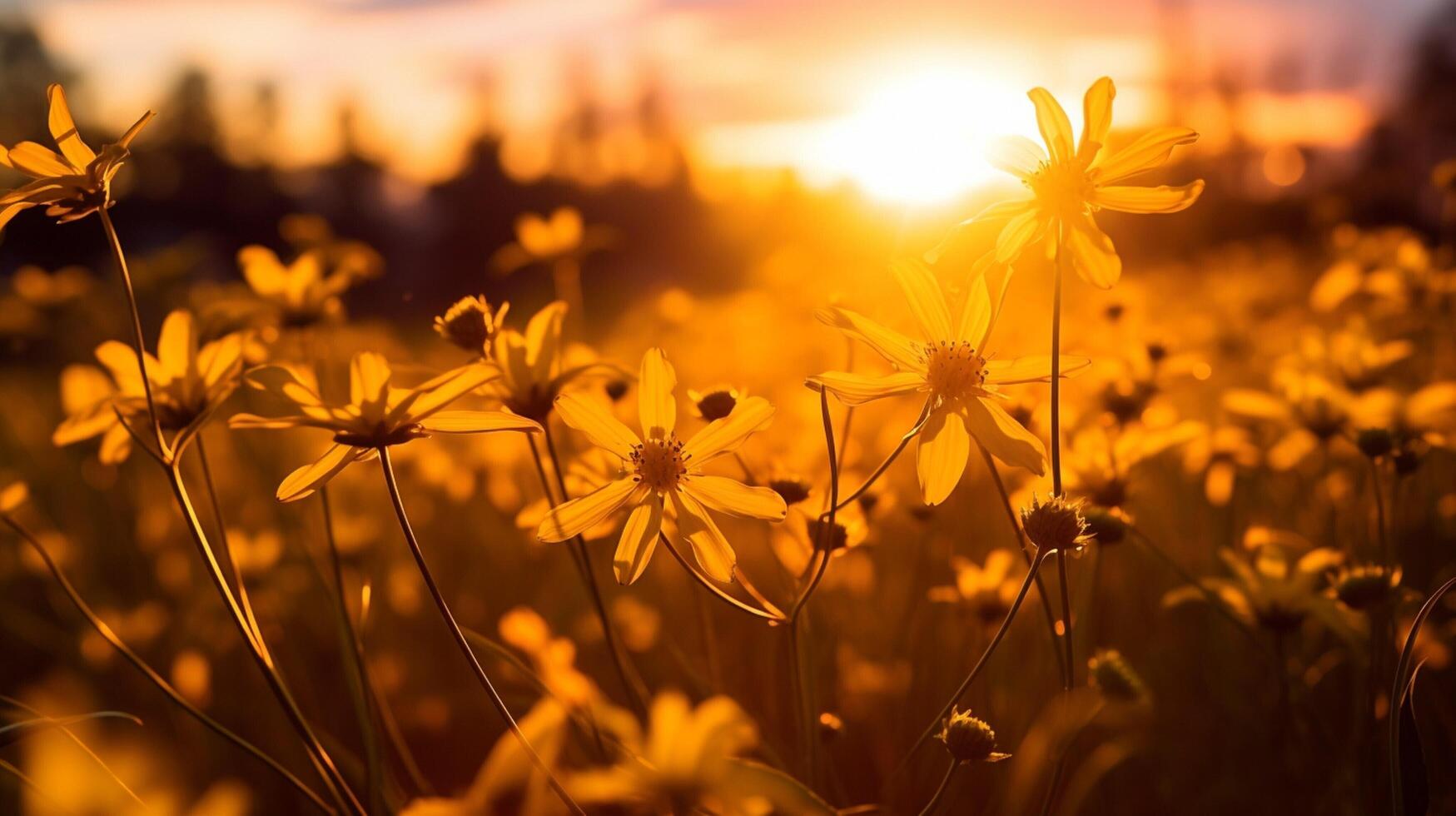 ai gerado vibrante amarelo flores silvestres dentro Prado retroiluminado de pôr do sol Sol foto