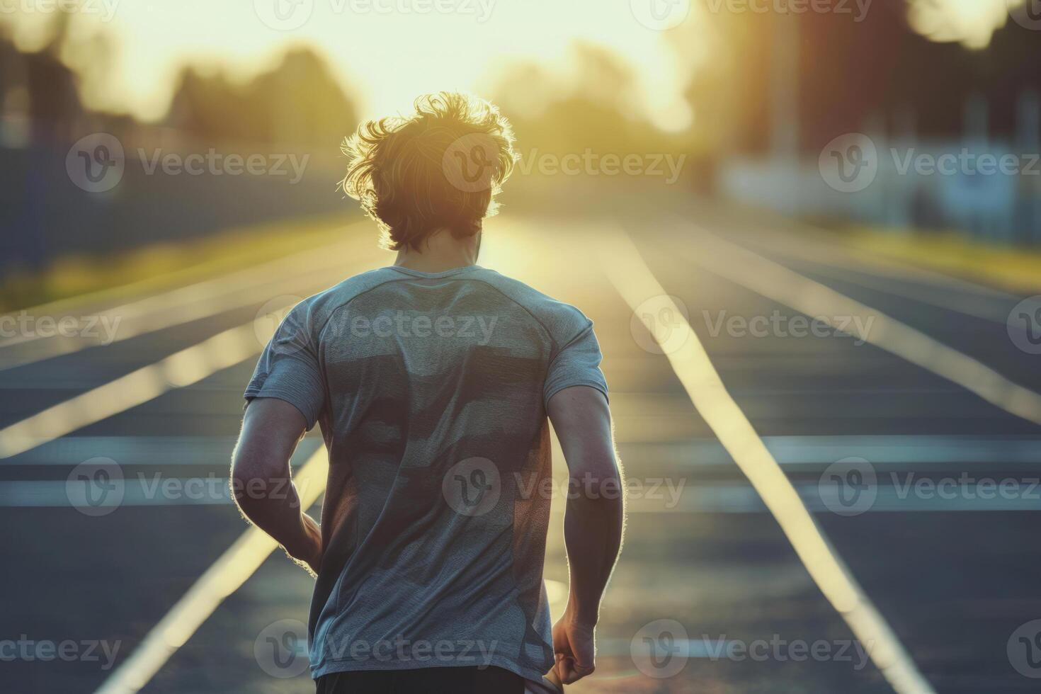 ai gerado costas Visão do homem corre em uma acompanhar. corrida conceito às ao ar livre. generativo ai foto