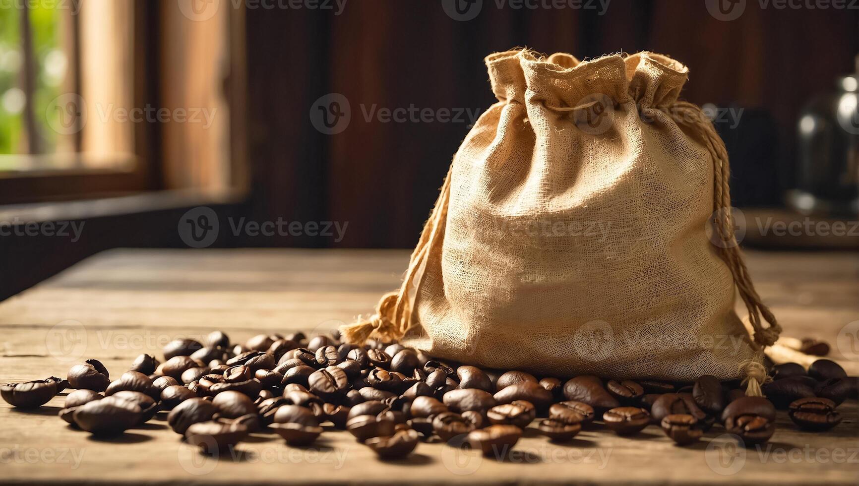 ai gerado saco do café feijões dentro a cozinha foto