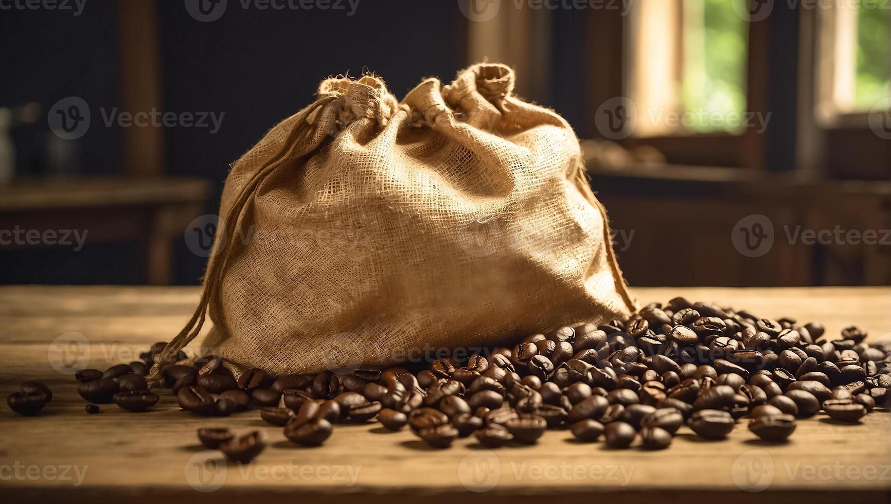 ai gerado saco do café feijões dentro a cozinha foto