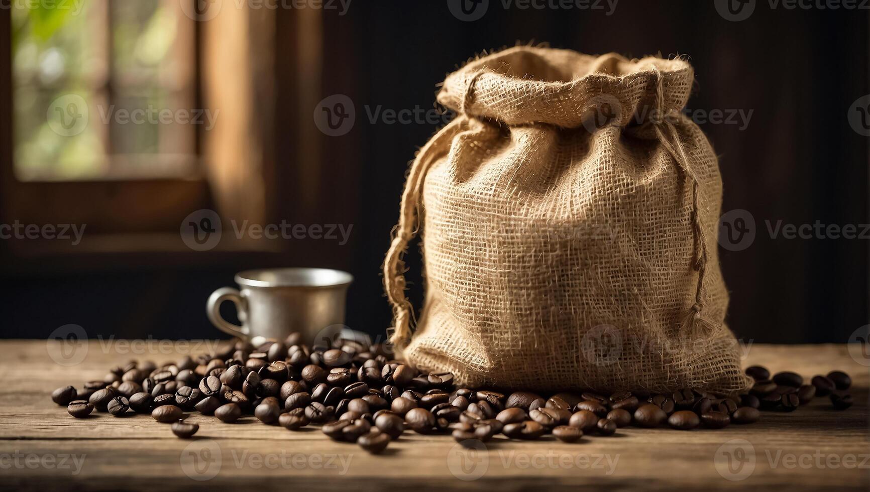 ai gerado saco do café feijões dentro a cozinha foto