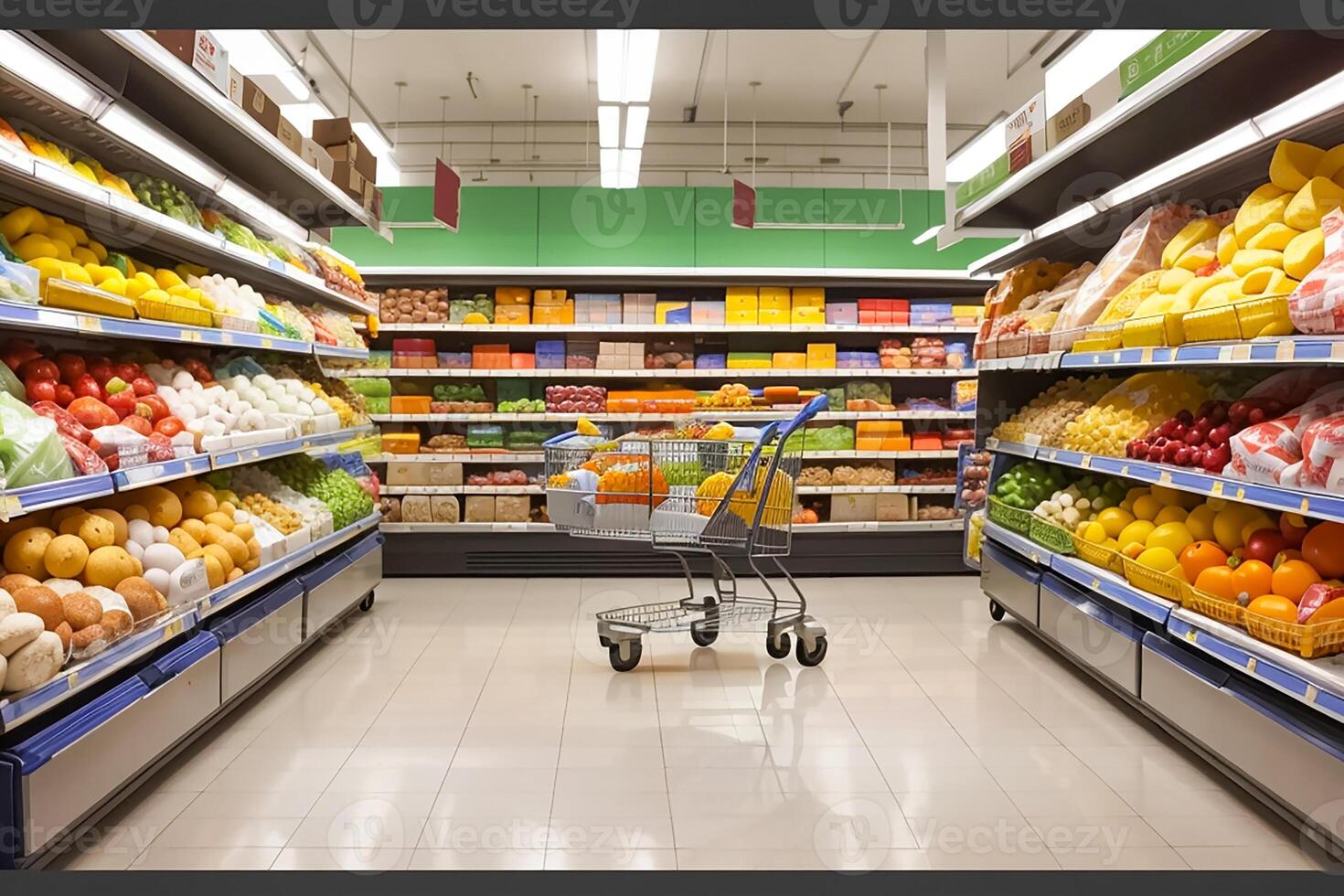 ai gerado Comida carrinho dentro uma supermercado foto