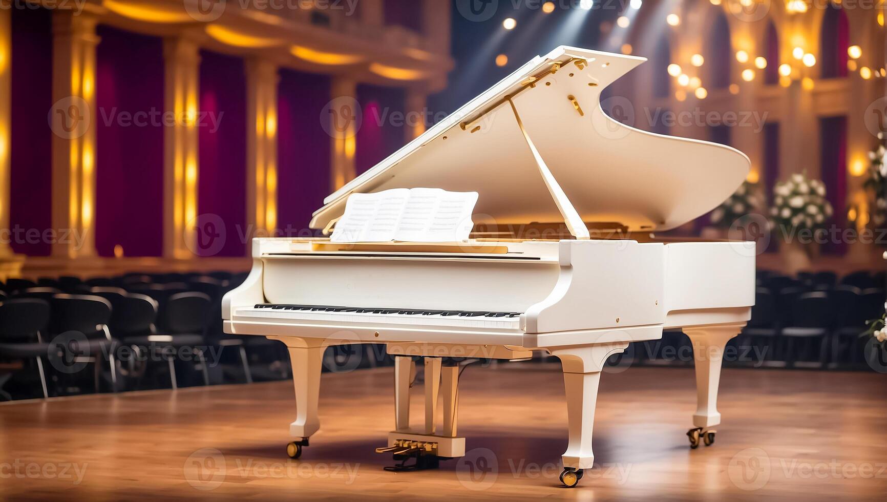 ai gerado lindo branco piano dentro a show corredor foto