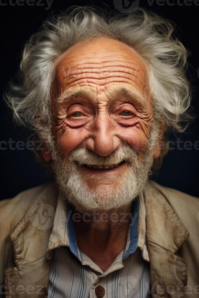 ai gerado retrato do uma engraçado velho homem com uma barba em uma Preto fundo foto