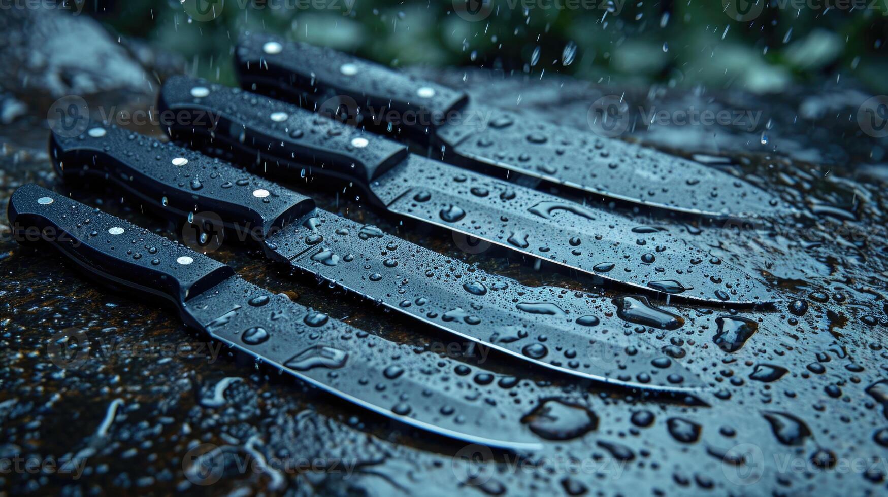 ai gerado Preto Damasco aço facas em uma de madeira borda dentro a chuva foto