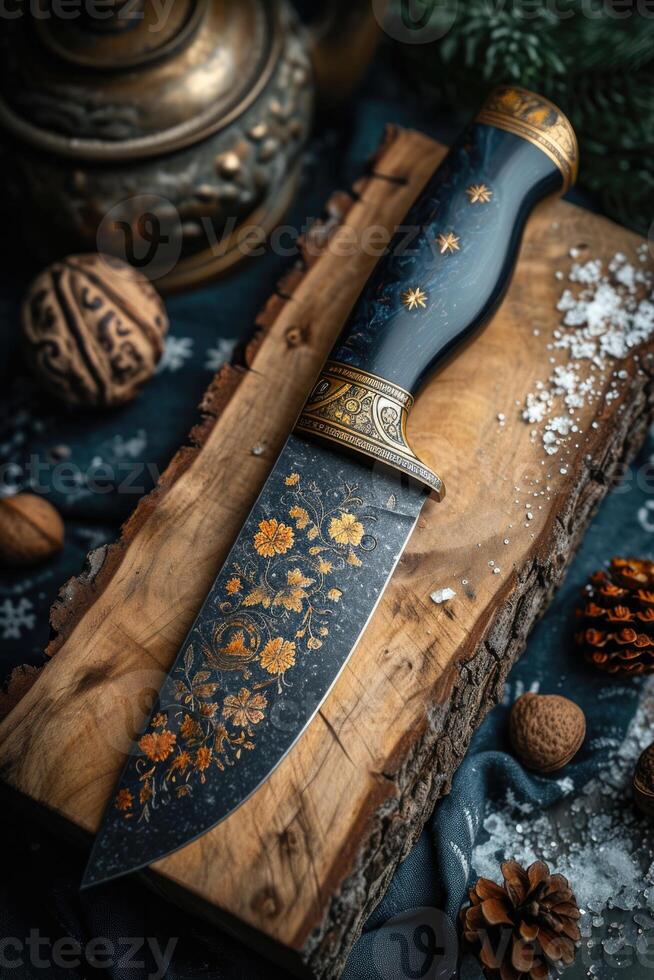 ai gerado 1 à moda Damasco aço cozinha faca em uma de madeira borda foto