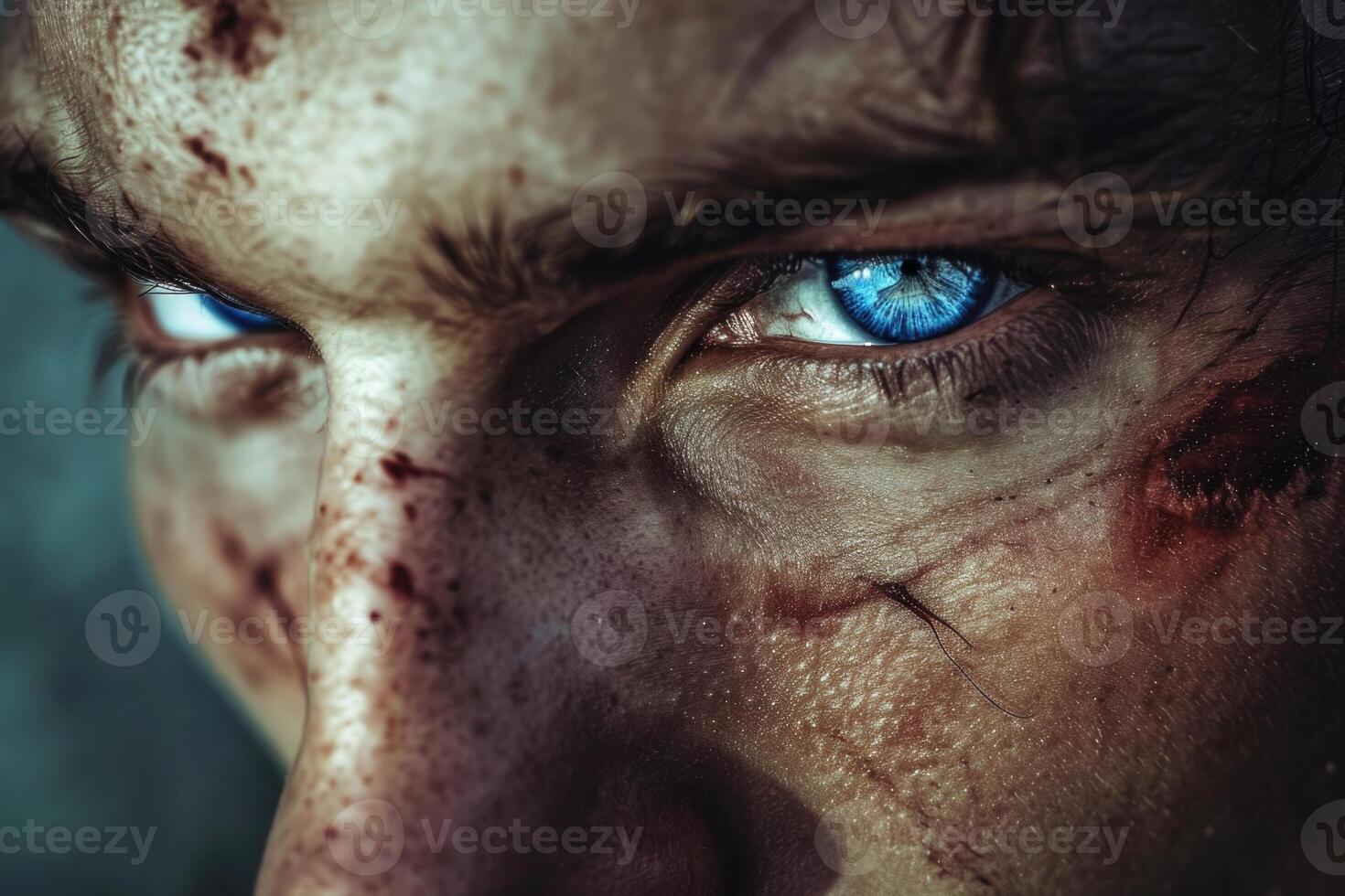 ai gerado fechar-se do uma manchado sério masculino face com azul olhos em uma Sombrio fundo foto