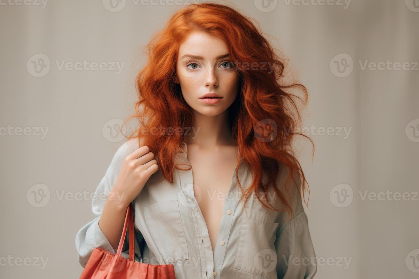 ai gerado fechar-se do uma lindo branco menina com vermelho cabelo, vestido dentro à moda roupas, quem parece às a Câmera e sorrisos foto