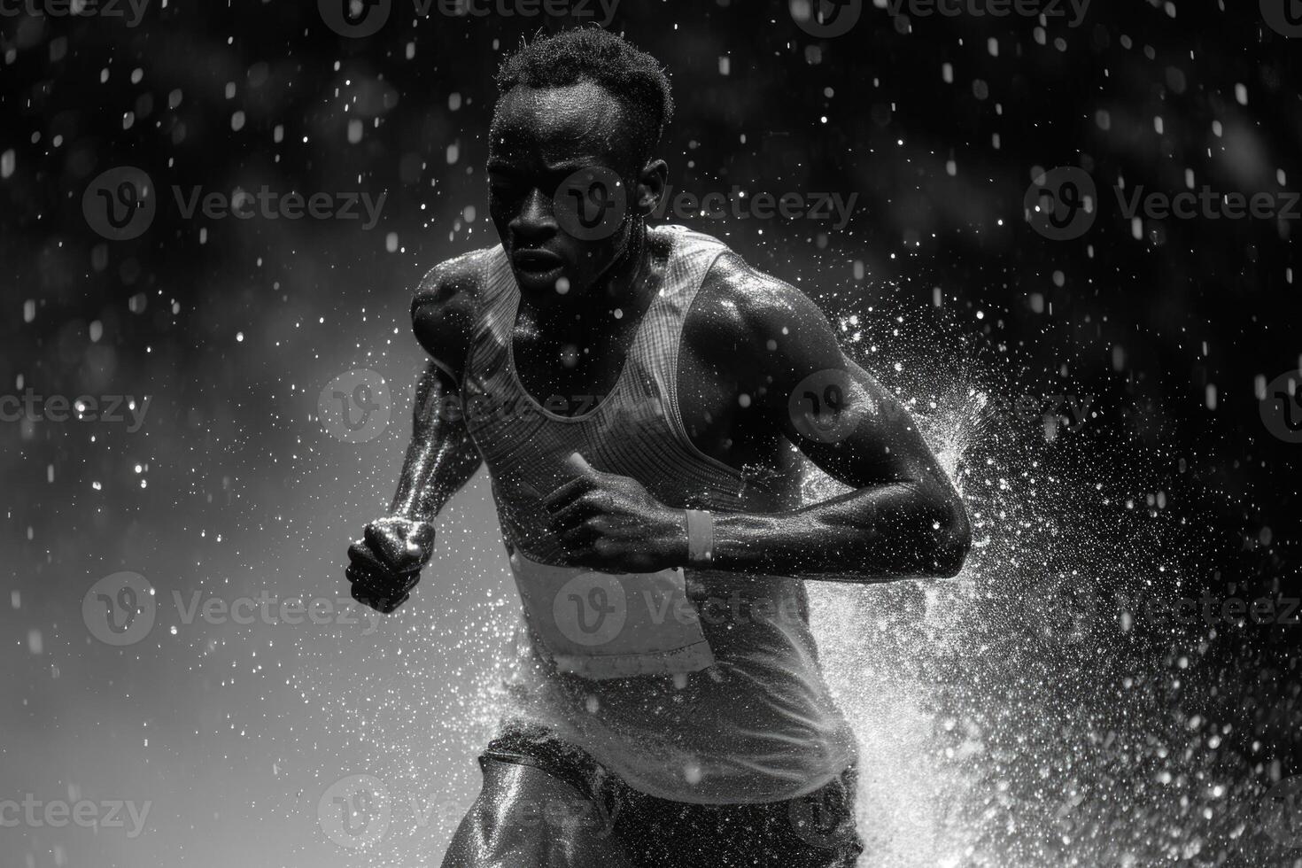 ai gerado a afro-americano corrida atleta corre sozinho dentro a chuva às noite. a ativo estilo de vida foto