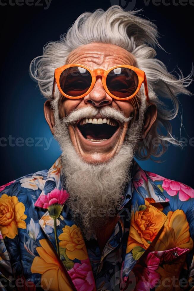 ai gerado retrato do uma alegre idosos homem com óculos em uma Preto fundo foto