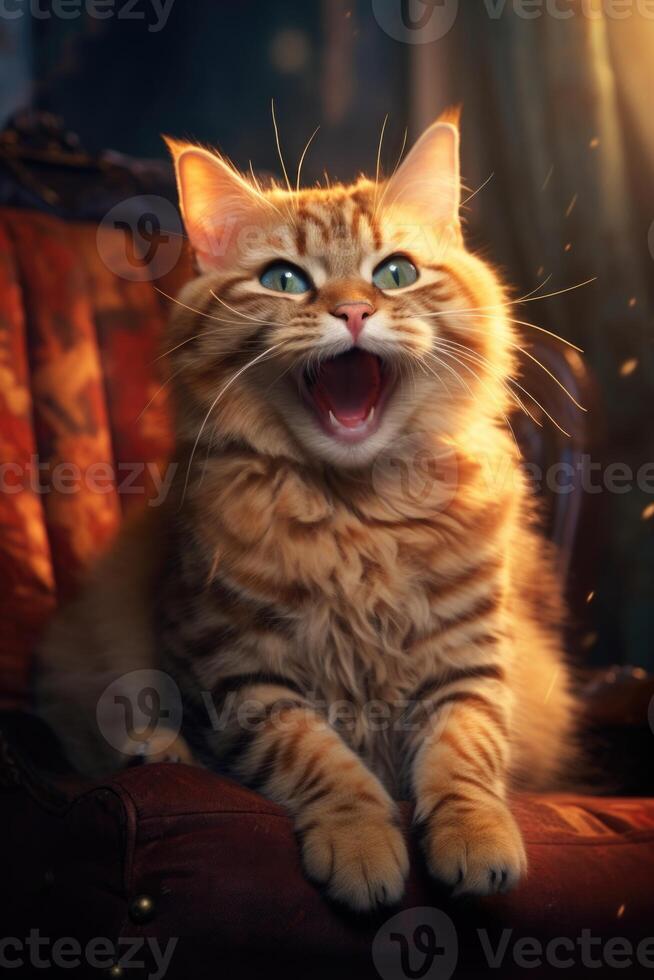 ai gerado engraçado retrato do uma feliz sorridente vermelho gato dentro uma casa interior foto