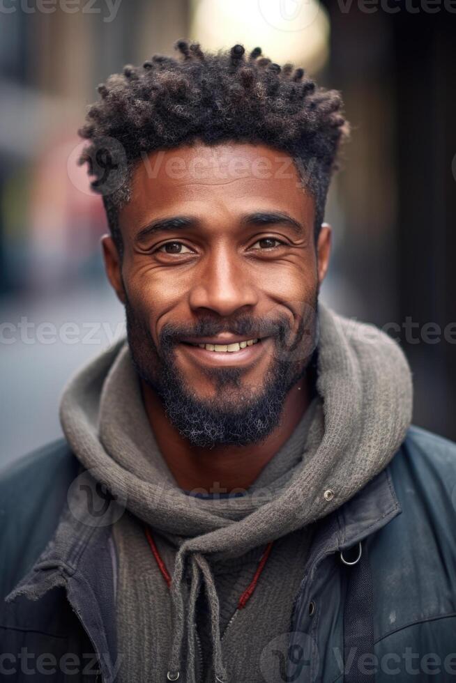 ai gerado retrato do uma sorridente africano homem dentro fechar-se em pé em a rua foto