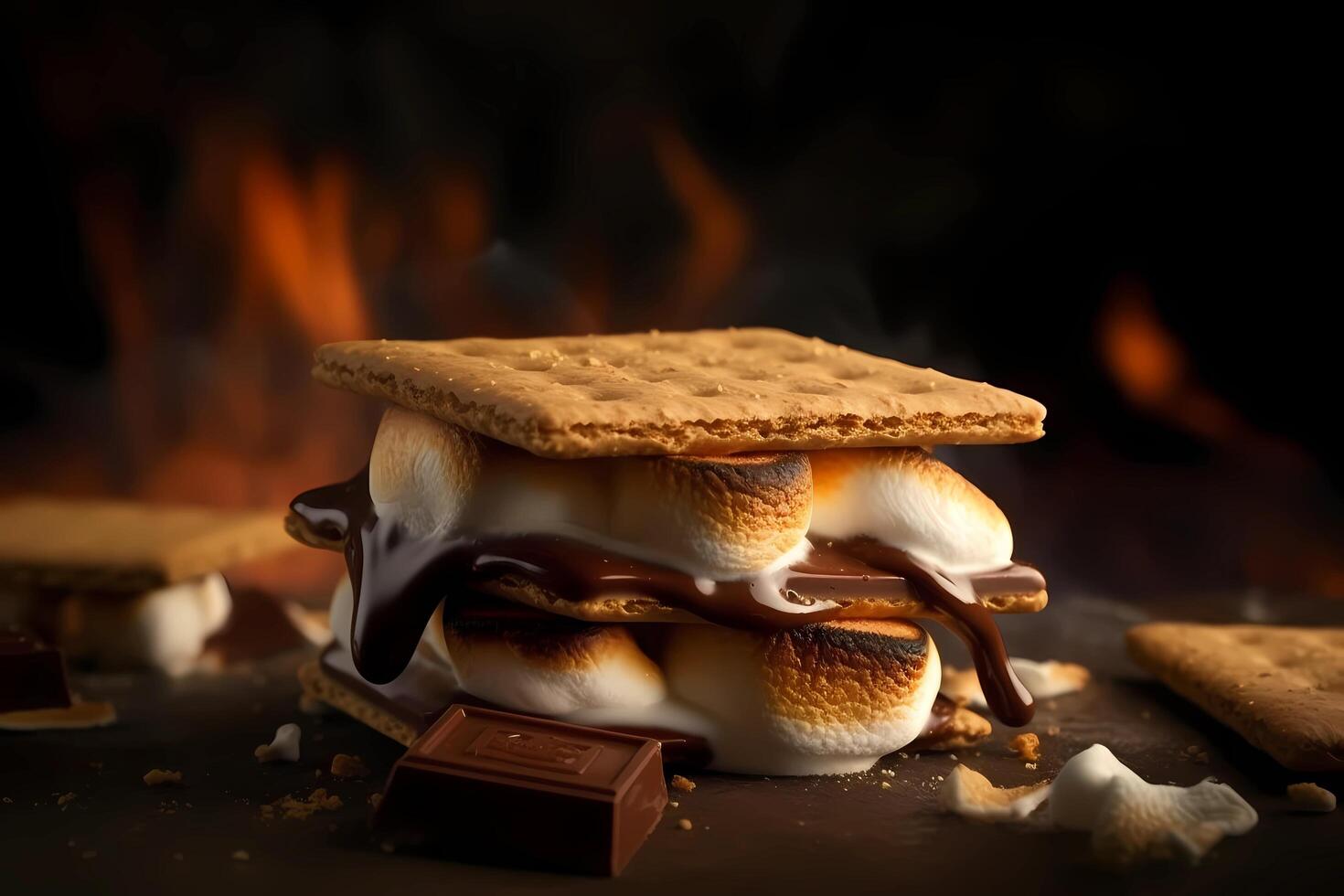 ai gerado s'mores - uma popular americano tratar, s'mores consiste do uma assado marshmallow e uma peça do chocolate ensanduichado entre dois Graham biscoitos foto