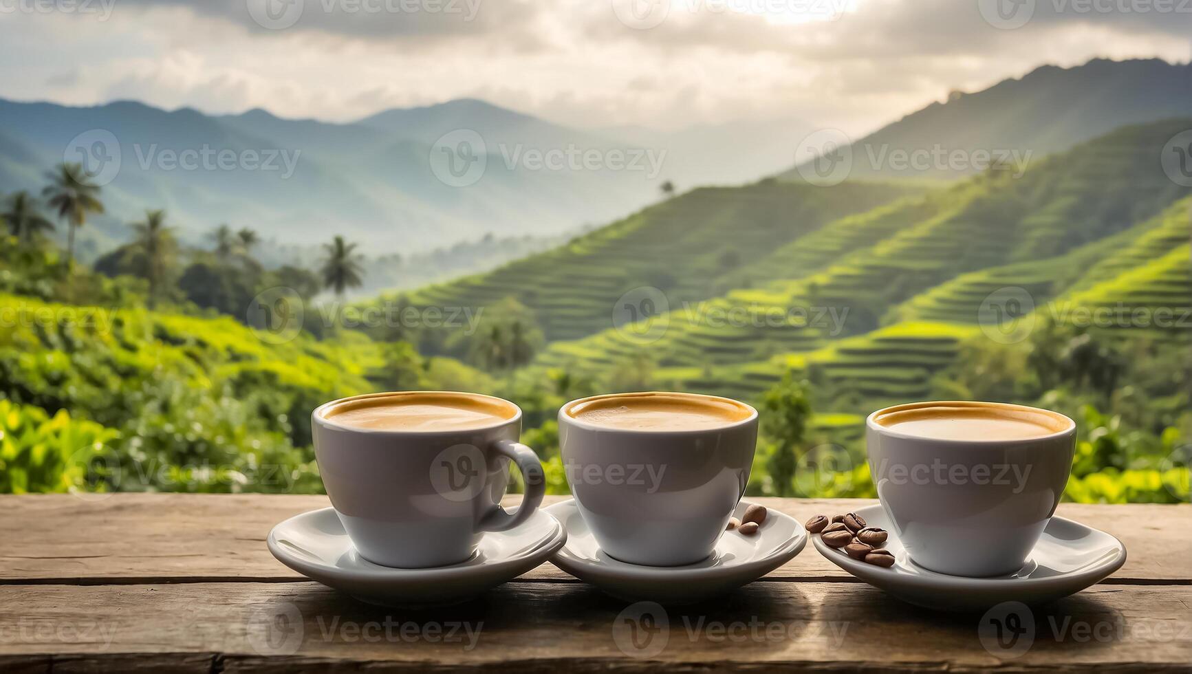 ai gerado copo do café contra a fundo do uma plantação foto