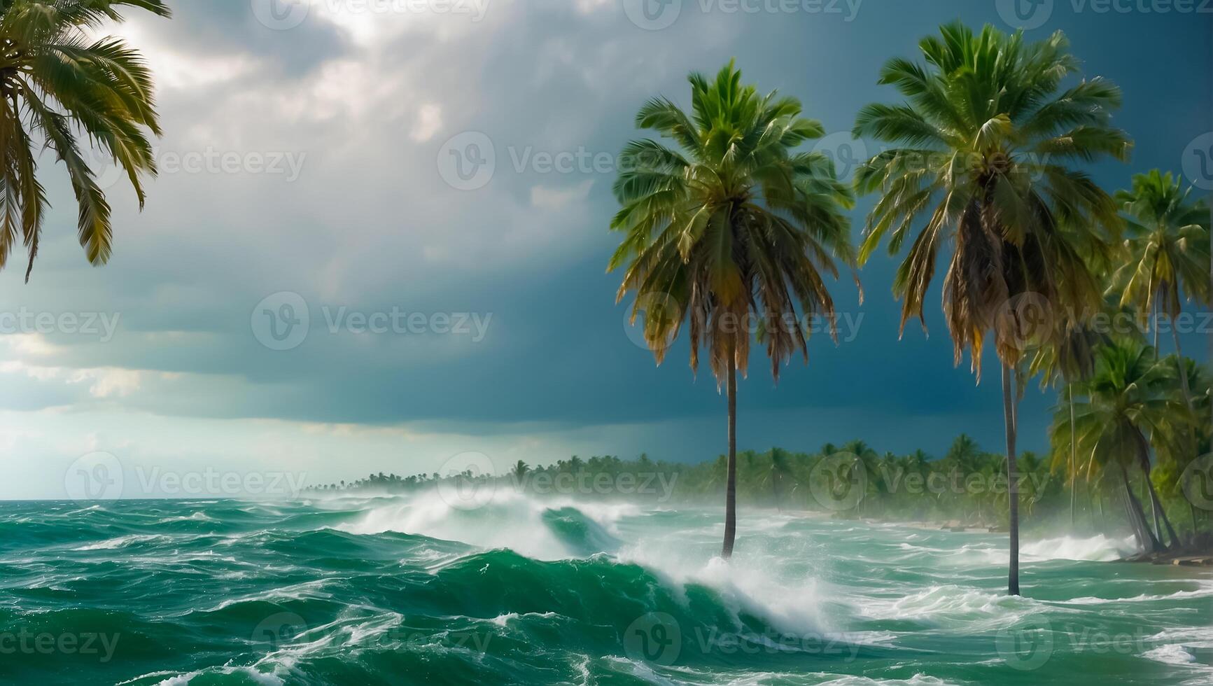 ai gerado Forte vento tropical tempestade Palma árvores, oceano costa foto