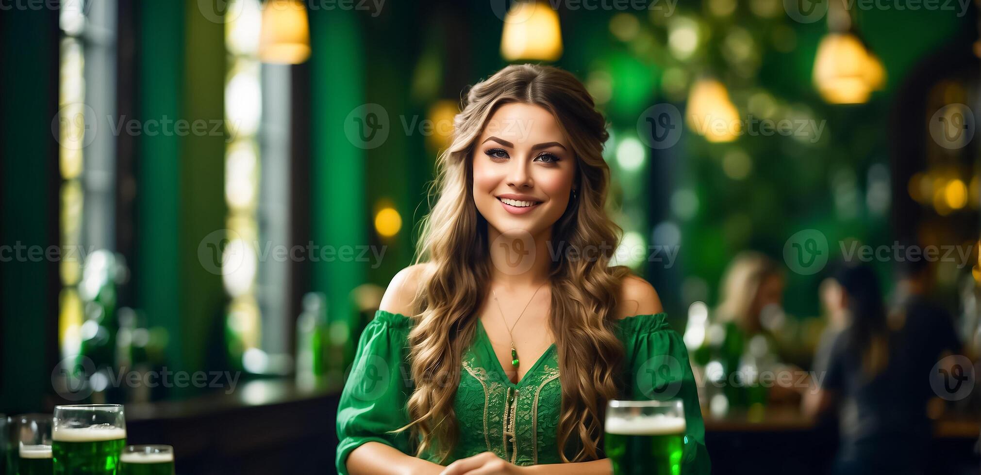 ai gerado lindo menina com uma vidro do verde Cerveja dentro uma Barra foto