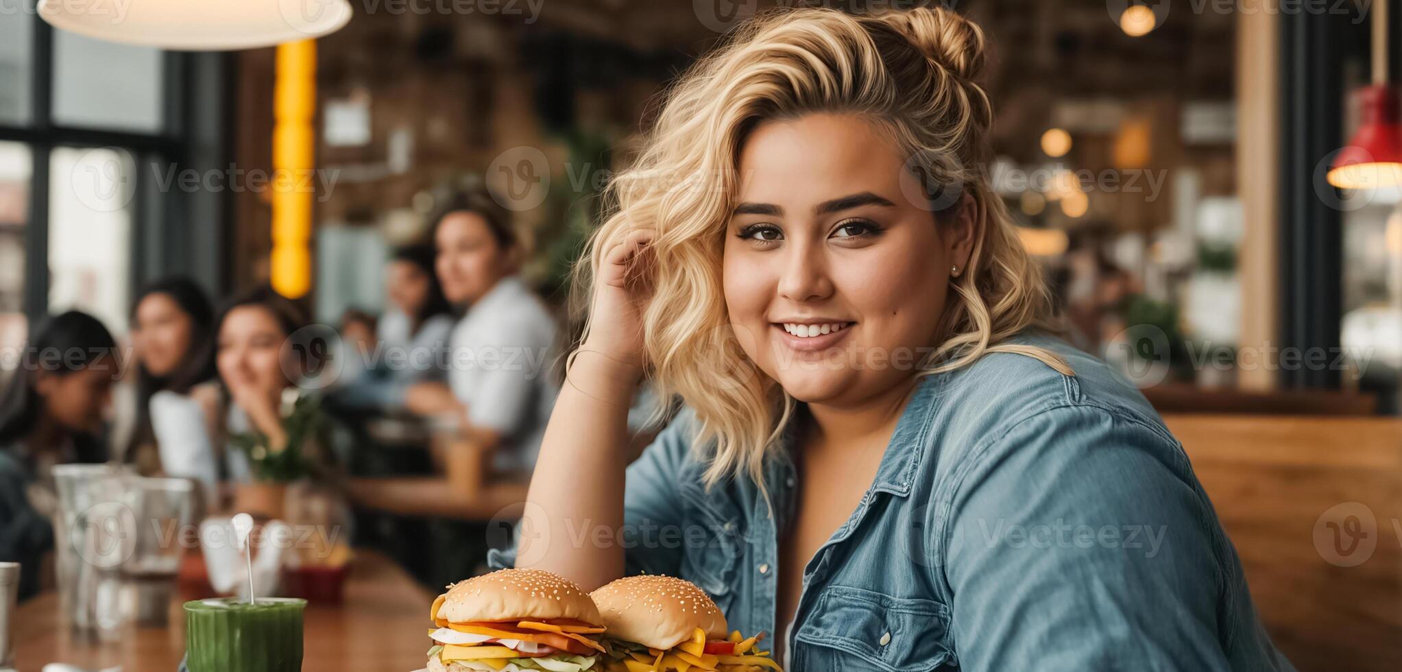 ai gerado retrato do uma muito gordo mulher dentro uma cafeteria foto