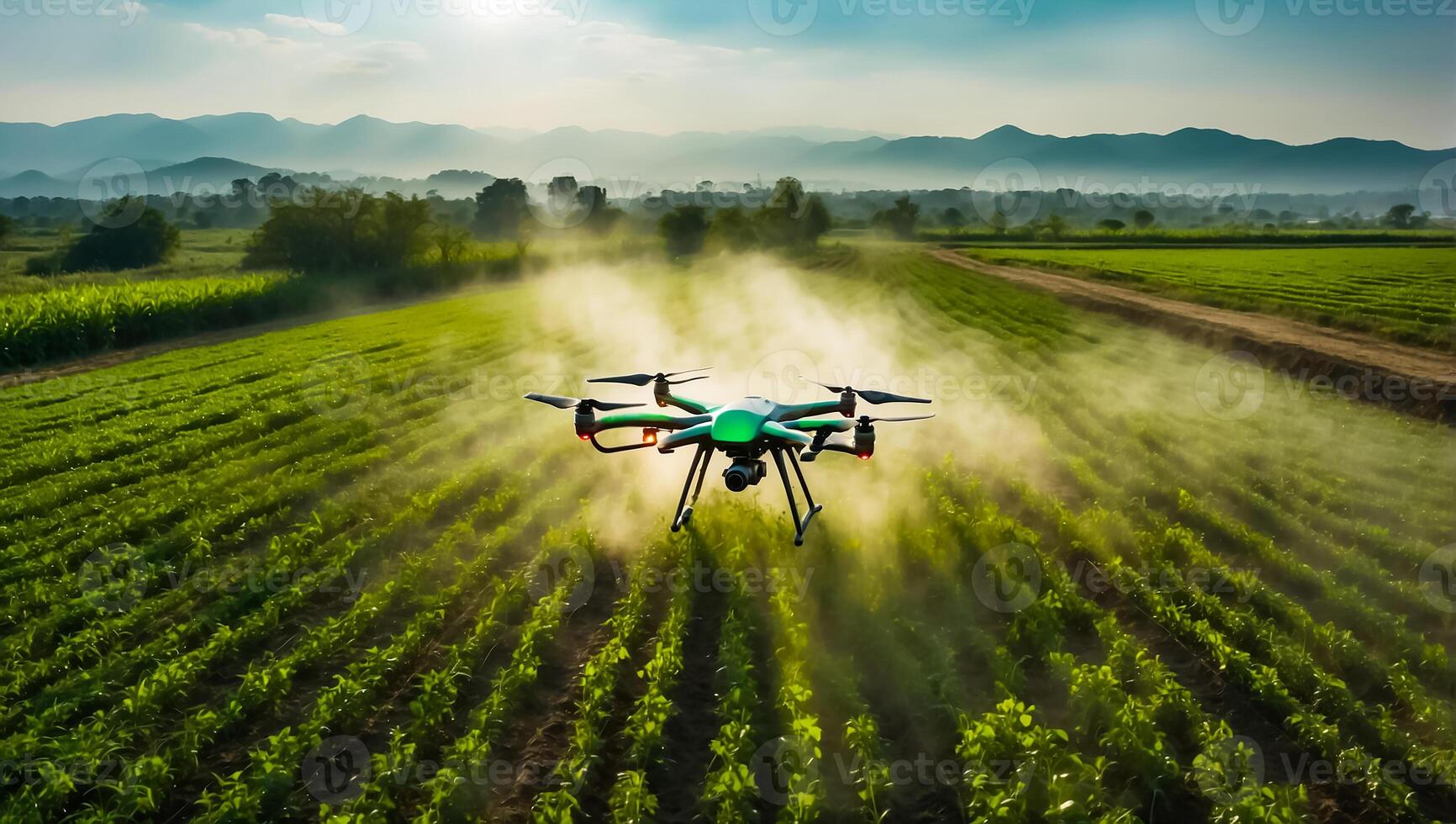 ai gerado zangão moscas e sprays verde plantas dentro a camas foto