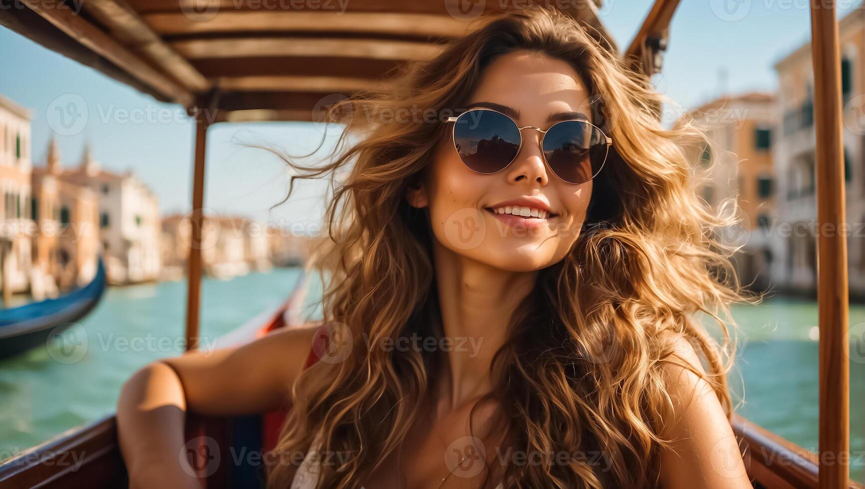 ai gerado uma menina dentro oculos de sol e uma vestido de verão passeios uma gôndola dentro Veneza foto