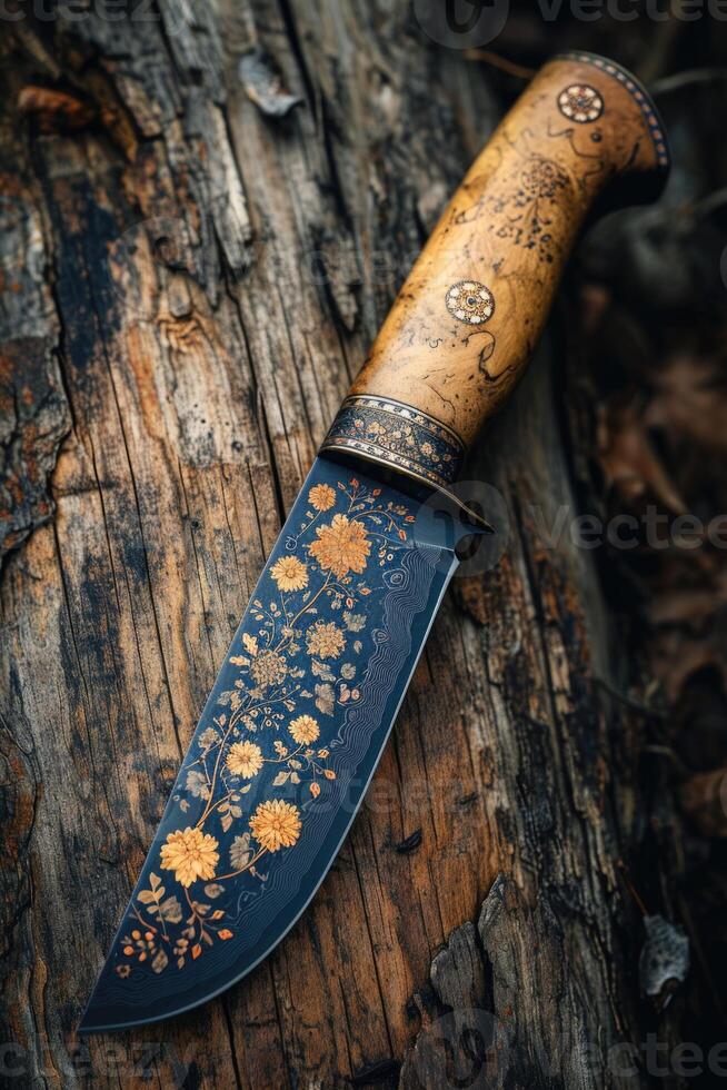 ai gerado 1 à moda Damasco aço cozinha faca em uma de madeira borda foto
