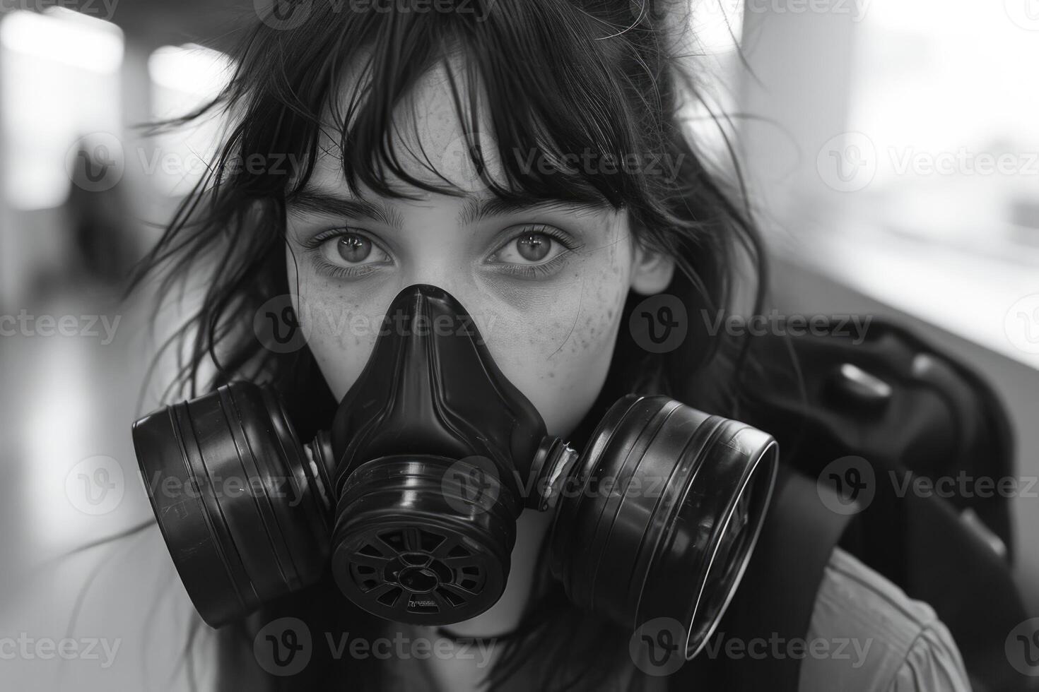 ai gerado uma menina dentro uma gás mascarar em uma cidade rua. protetora respiração ajuda foto