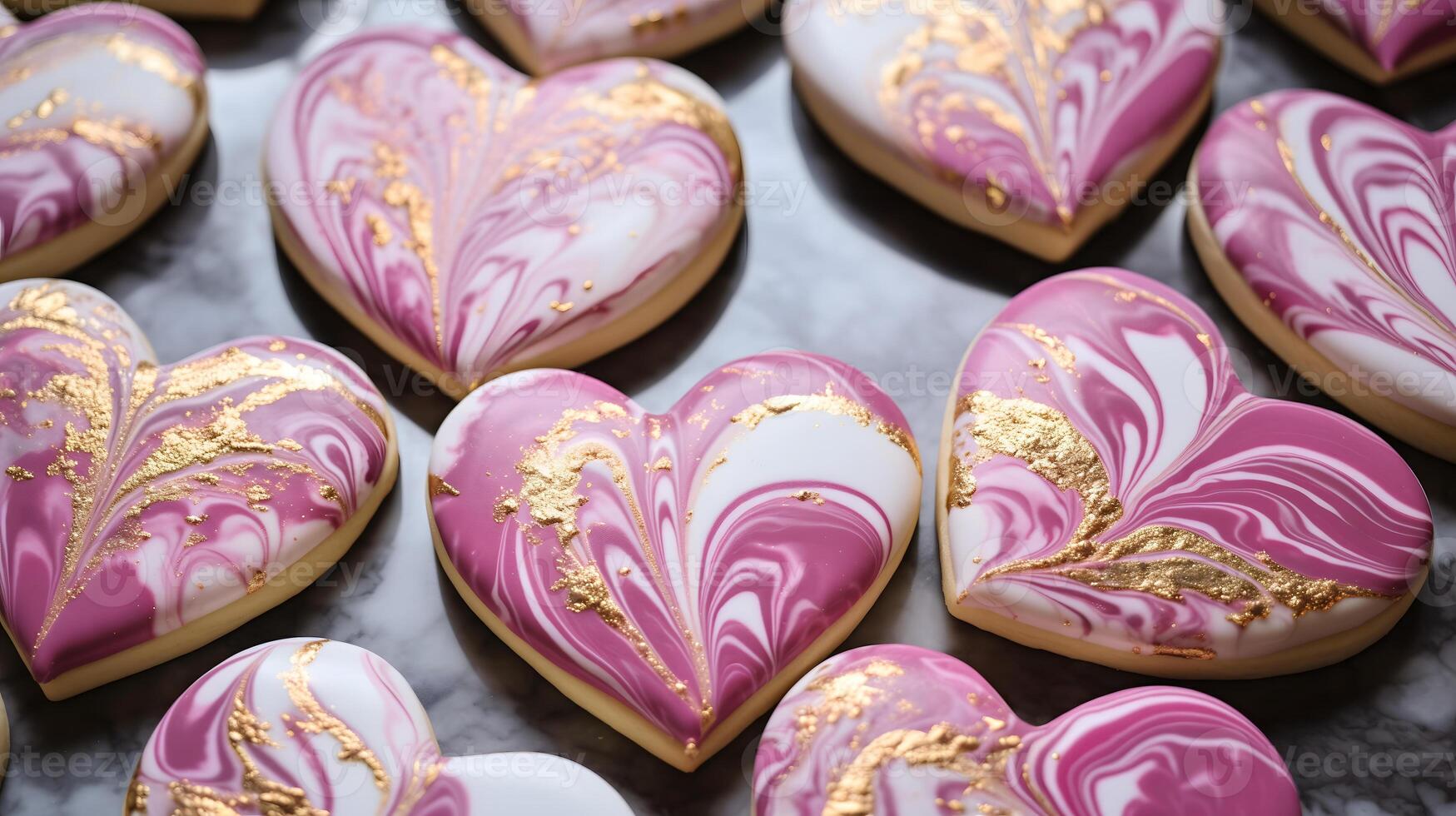 ai gerado marmorizado coração em forma dia dos namorados dia açúcar biscoitos com real gelo dentro Rosa e ouro foto