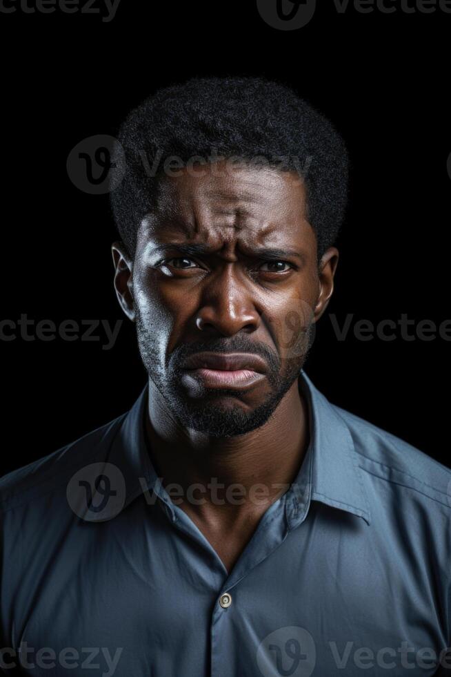 ai gerado retrato do uma sério homem do a africano raça em uma Preto fundo foto