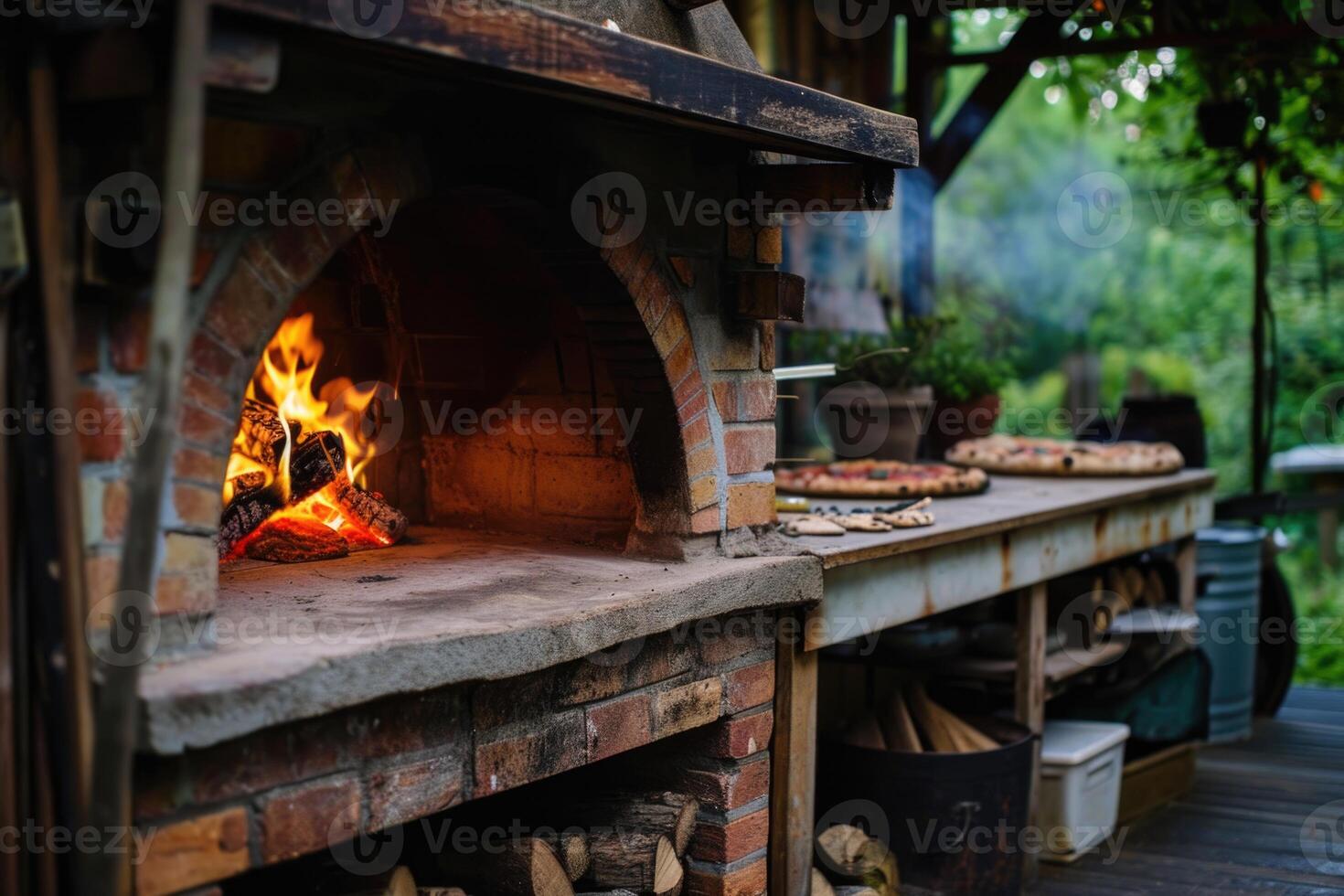 ai gerado a grade área dentro a villa com uma ardente fogo. ampla pátio com pedra grade foto