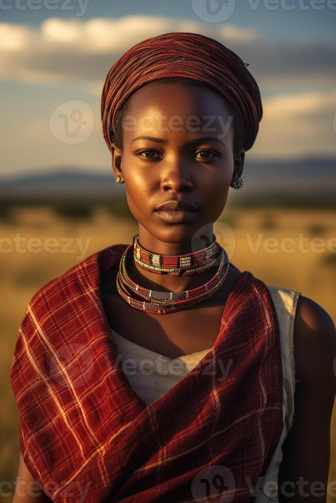 ai gerado retrato do a africano menina dentro nacional roupas e dentro uma nacional cocar em a fundo do a savana foto