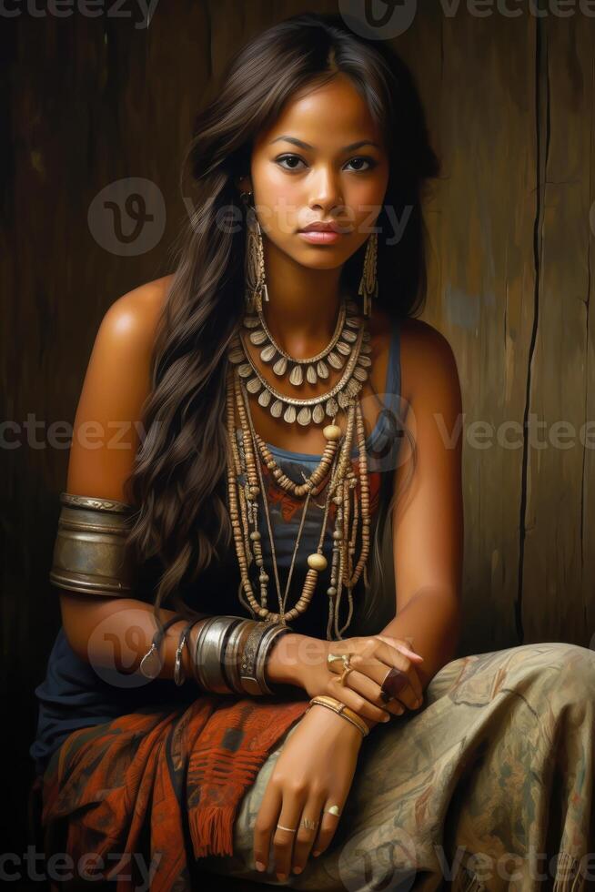 ai gerado retrato do uma polinésio menina a partir de a pacífico ilha do Taiti. francês Polinésia foto