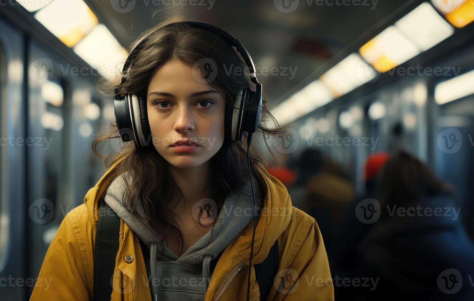 ai gerado mulher dentro fones de ouvido às a subterrâneo estação, urbano transporte imagem foto