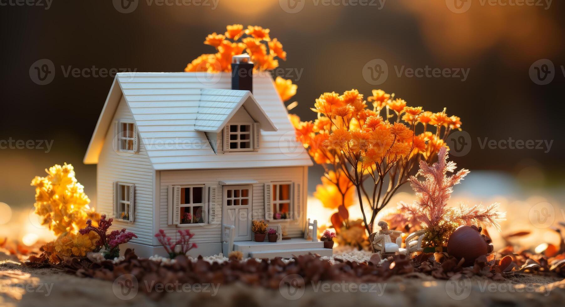 ai gerado miniatura casa dentro outono vaso de flores em grama, chalé redução de tamanho imagem foto