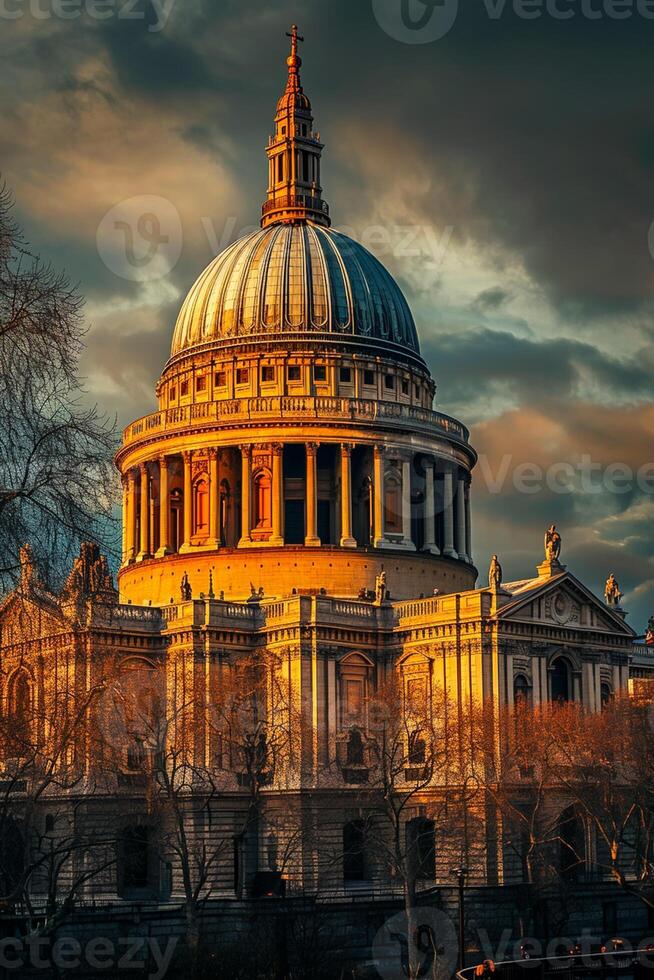 ai gerado a catedral é iluminado de luz solar, arquitetônico detalhes. ampla icônico cúpula este é sinônimo com a estrutura ai gerado foto