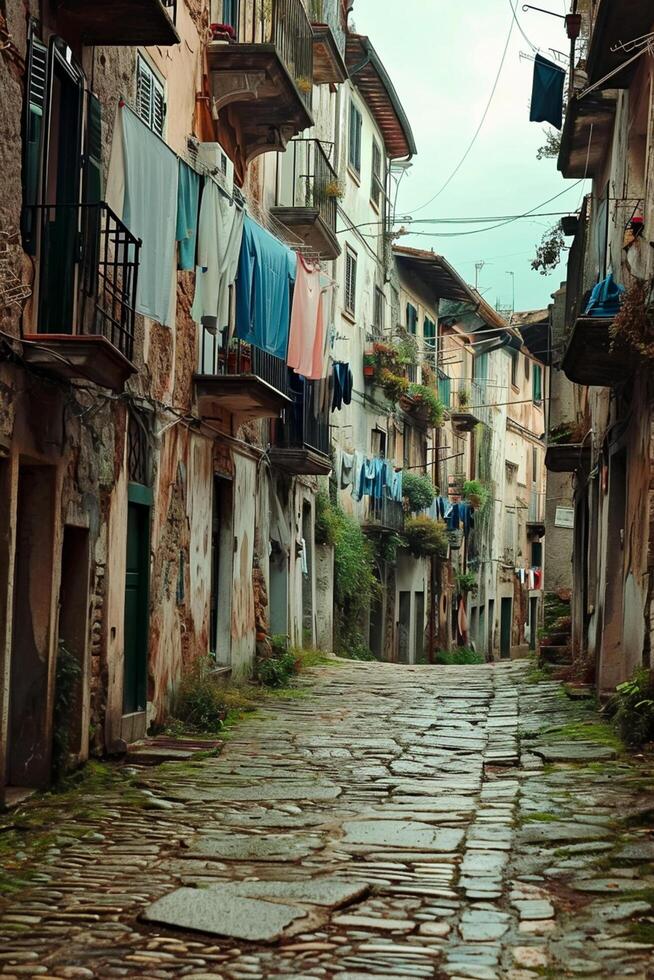 ai gerado imagem captura estreito, calçada portuguesa rua forrado com velho edifícios e lavanderia suspensão a partir de a varandas. a céu é nublado, a pedra estrada e edifícios ai gerado foto