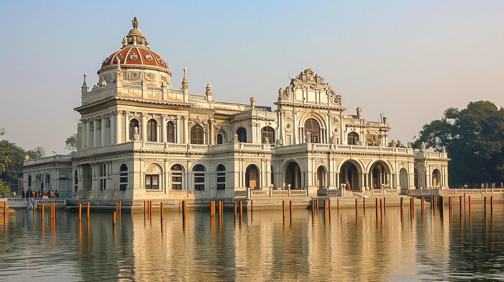 ai gerado foto do majestoso, histórico construção com intrincado arquitetônico detalhes, em pé ao lado sereno corpo do água debaixo Claro céu. a construção tem ampla cúpula às a topo ai gerado