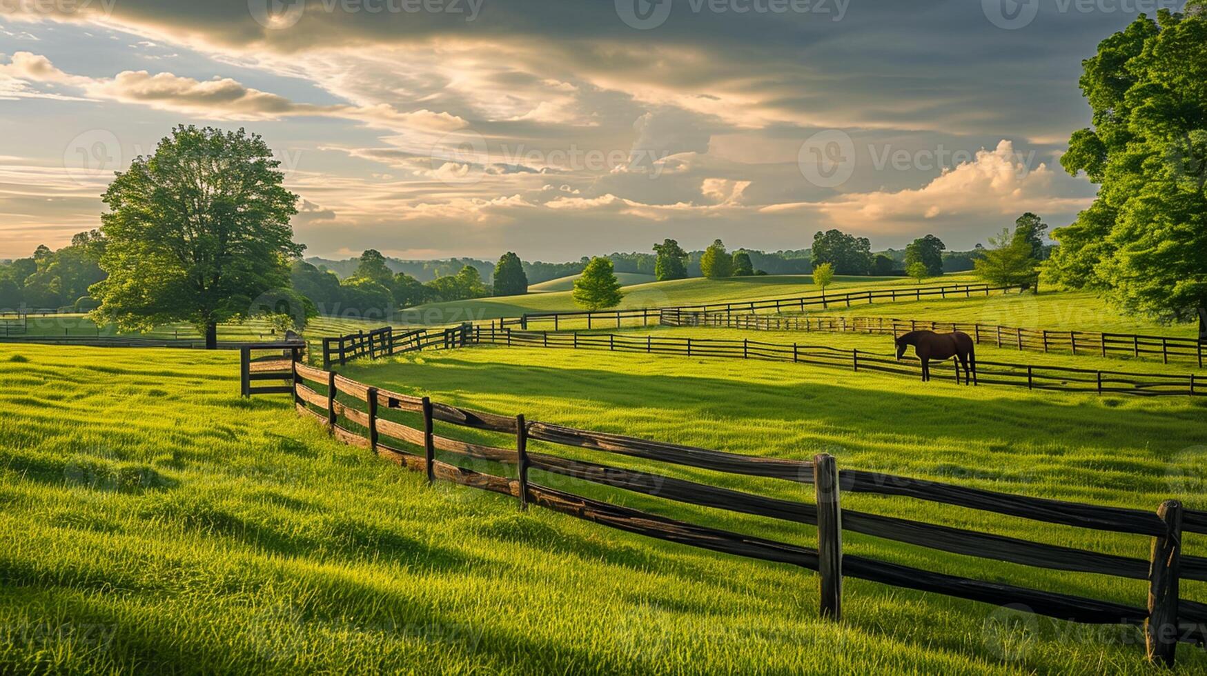 ai gerado Dividido trilho cerca alongar através a interior, dividindo a exuberante verde Campos, e cavalo roça pacificamente próximo, grandes exposição fotografia ai gerado foto