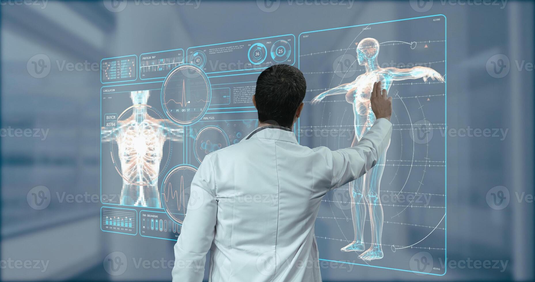 médico trabalhando dentro laboratório. estudando humano esqueleto e dna amostras foto