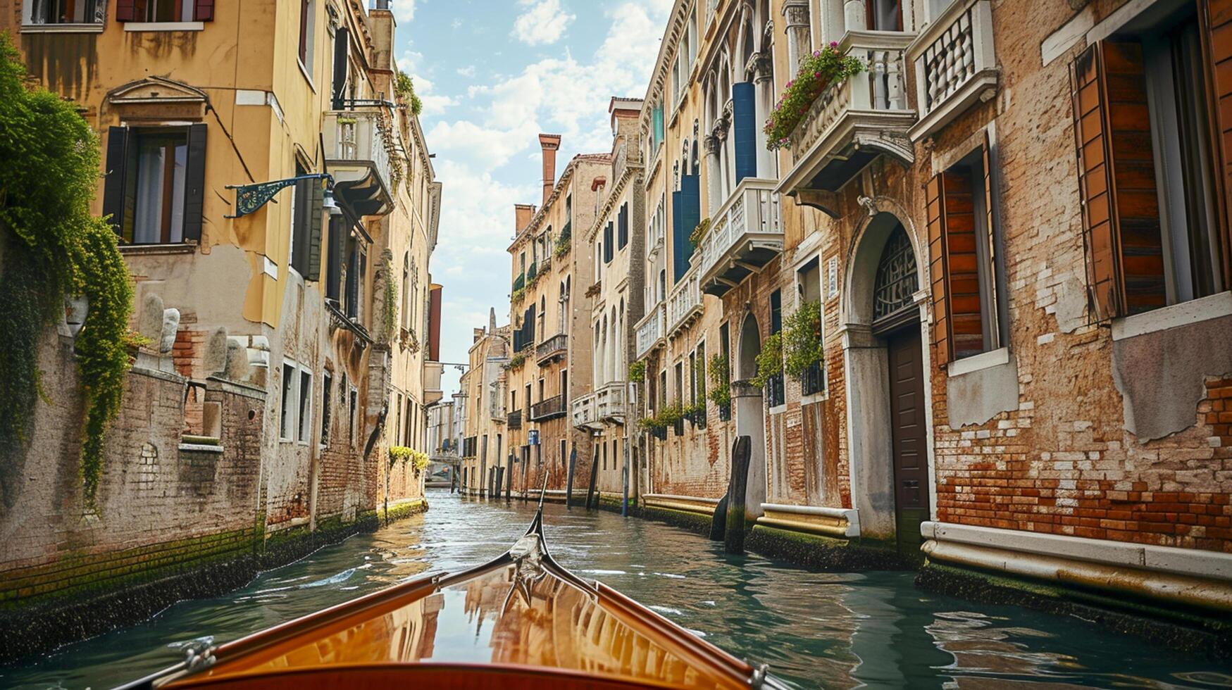 ai gerado lindo cena a partir de Veneza, com uma foco em uma limitar canal cercado de alto, envelhecido edifícios ai gerado foto