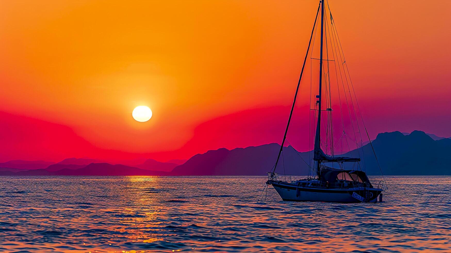 ai gerado barco a vela ancorado às mar durante uma tirar o fôlego pôr do sol ai gerado foto