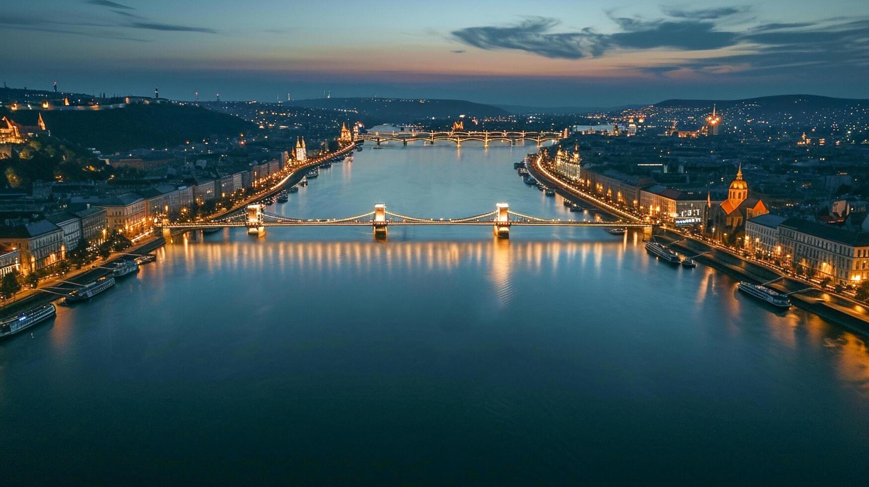 ai gerado aéreo noite Visão do uma paisagem urbana cercado de água ai gerado foto