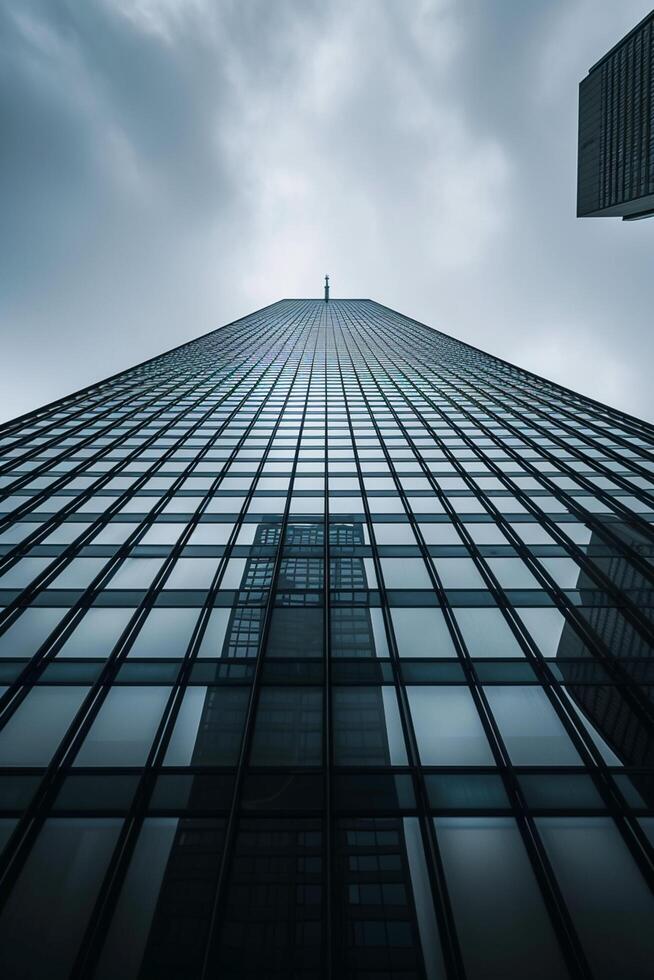 ai gerado imagem mostra alta arranha-céu alcançando para dentro a nublado céu. a construção é construído com reflexivo vidro painéis este espelho a em torno da edifícios e céu ai gerado foto